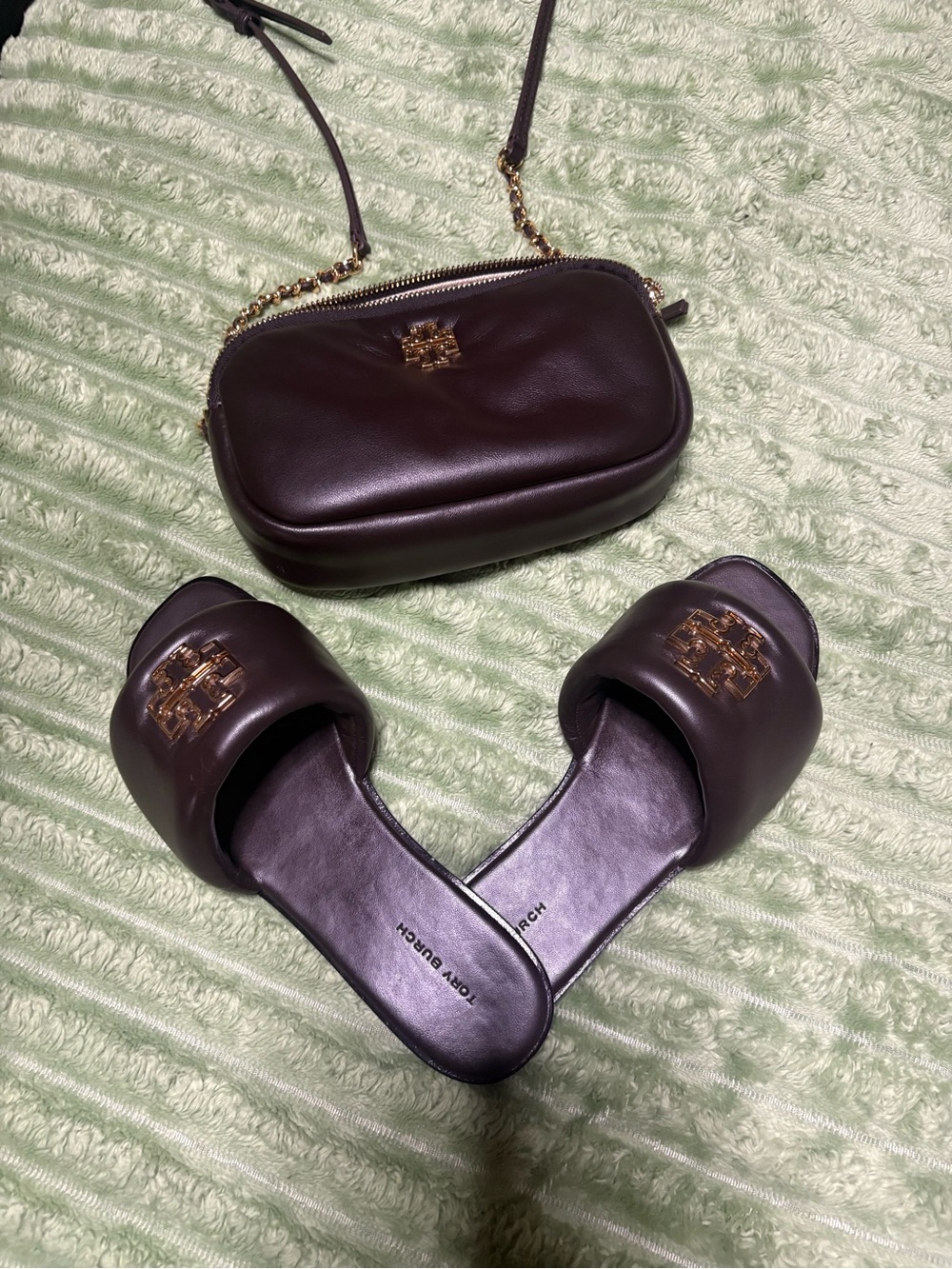 Tory Burch Dark Brown Leather Slide Sandals with Gold Logo